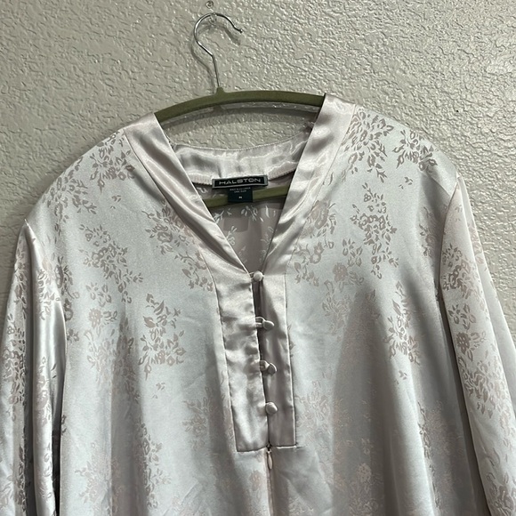 Vintage Halston Night Robe Gray Pink Floral print Side Split Size Medium - Picture 3 of 8